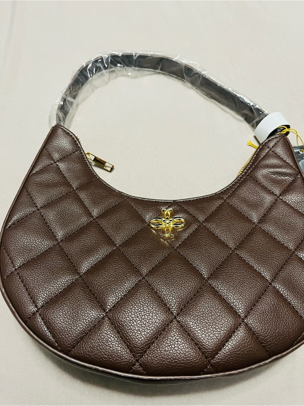 Quilted Crescent Shoulder Bag in Dark Brown with Gold Accent